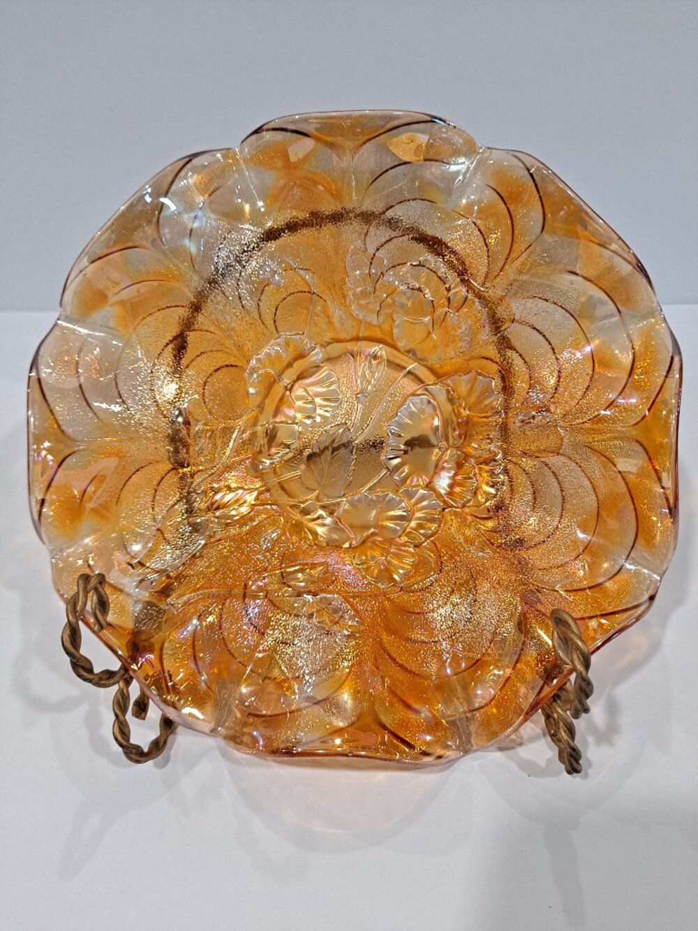 8" bowl marigold carnival glass flower print